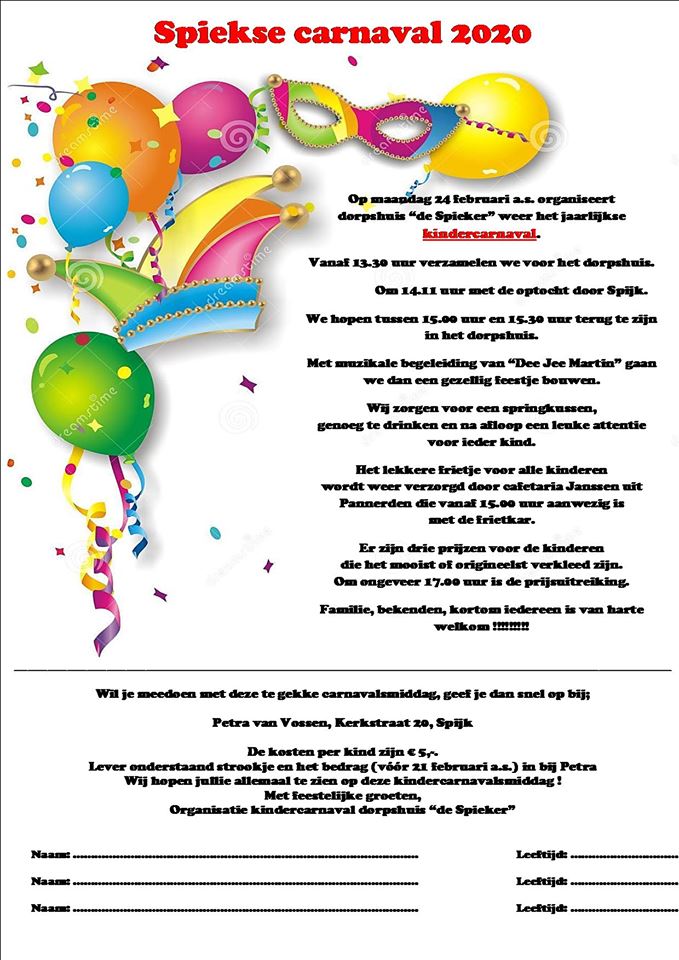 Carnival 2020 flyer with colorful balloons, hat, and confetti. Text in Dutch announces event details and location.
