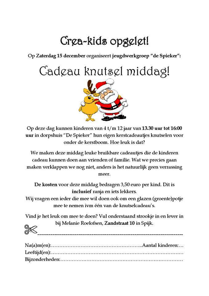 Flyer for a Christmas crafting event for kids, Santa and reindeer illustration, Dutch text.