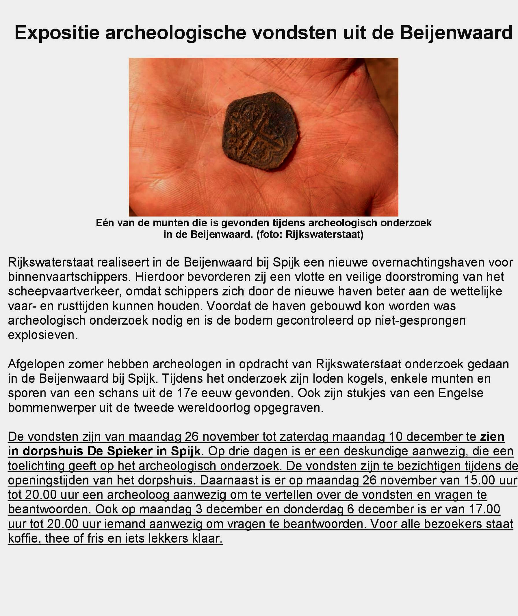 Exhibition announcement: Archaeological finds from Beijnerwaard, Netherlands. Includes a close-up photo of a coin.