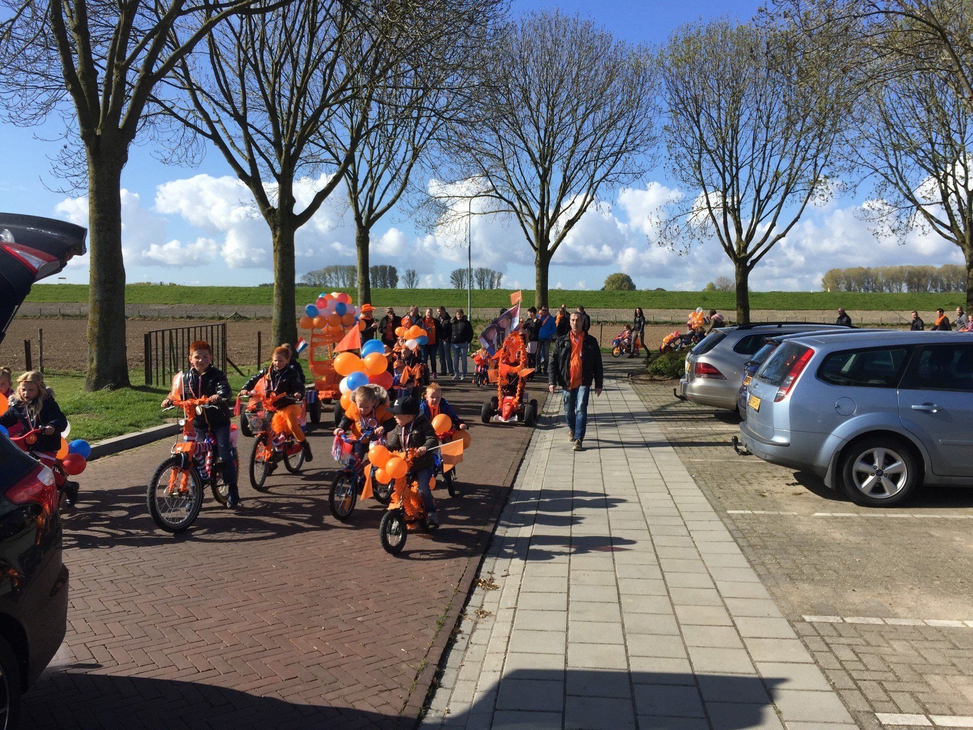 Koningssdag ; People in orange attire ride bikes and walk on a road; trees and parked cars surround them.