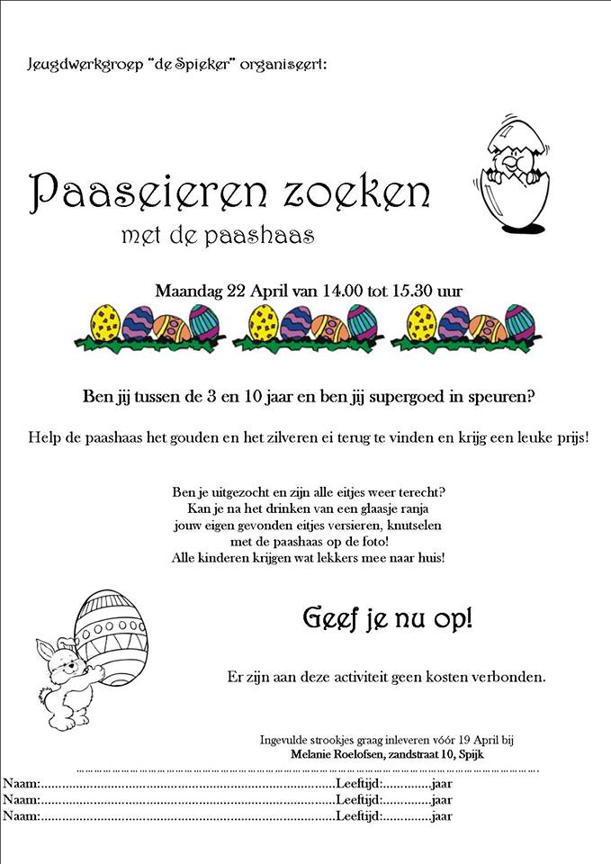Flyer for an Easter egg hunt, featuring text, eggs, a bunny, and an open egg.