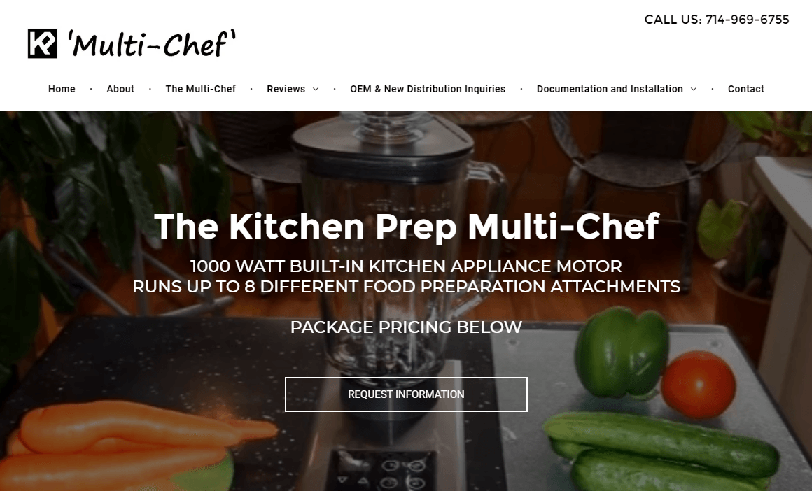 Website homepage for 'Multi-Chef' kitchen appliance. Includes text, a photo of food, and call to action button.