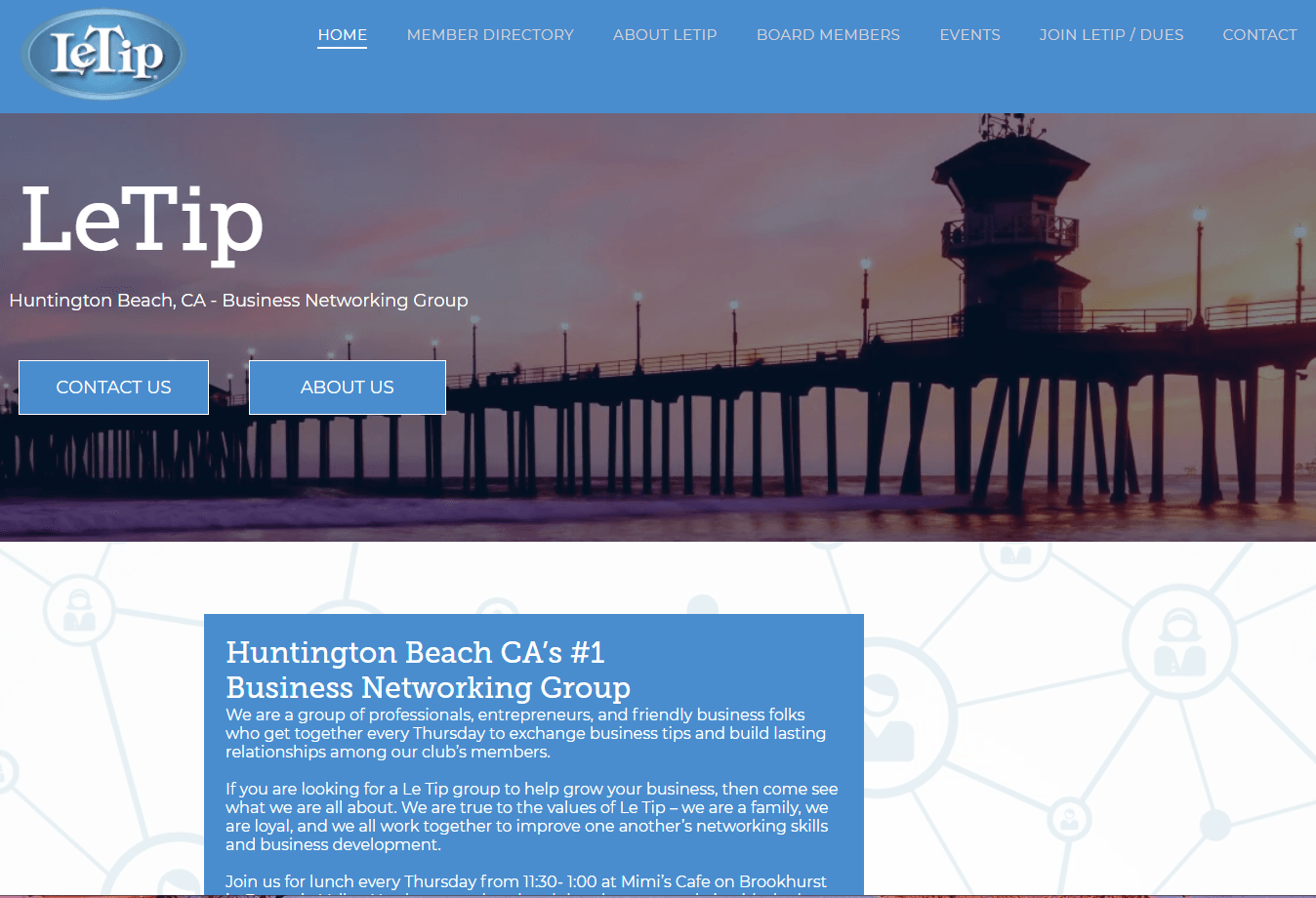 LeTip Huntington Beach website with pier background.