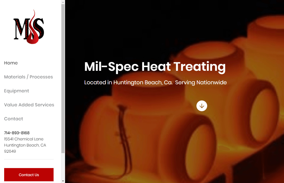 MS logo with website navigation; glowing metal parts in heat treating.
