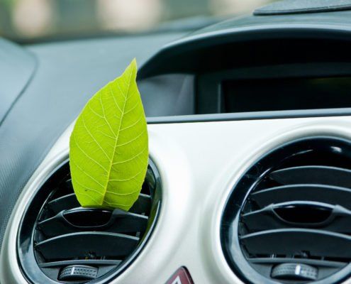 Ein grünes Blatt ragt aus einer Autolüftungsöffnung