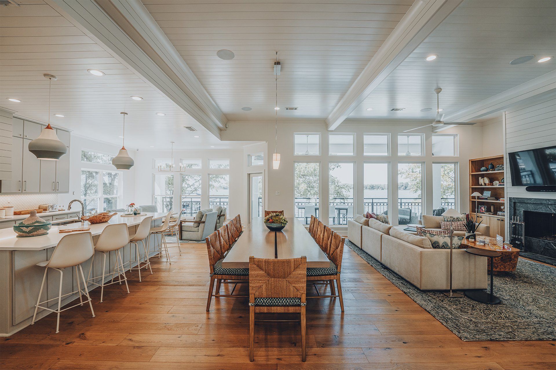 There is a long table in the middle of the room.