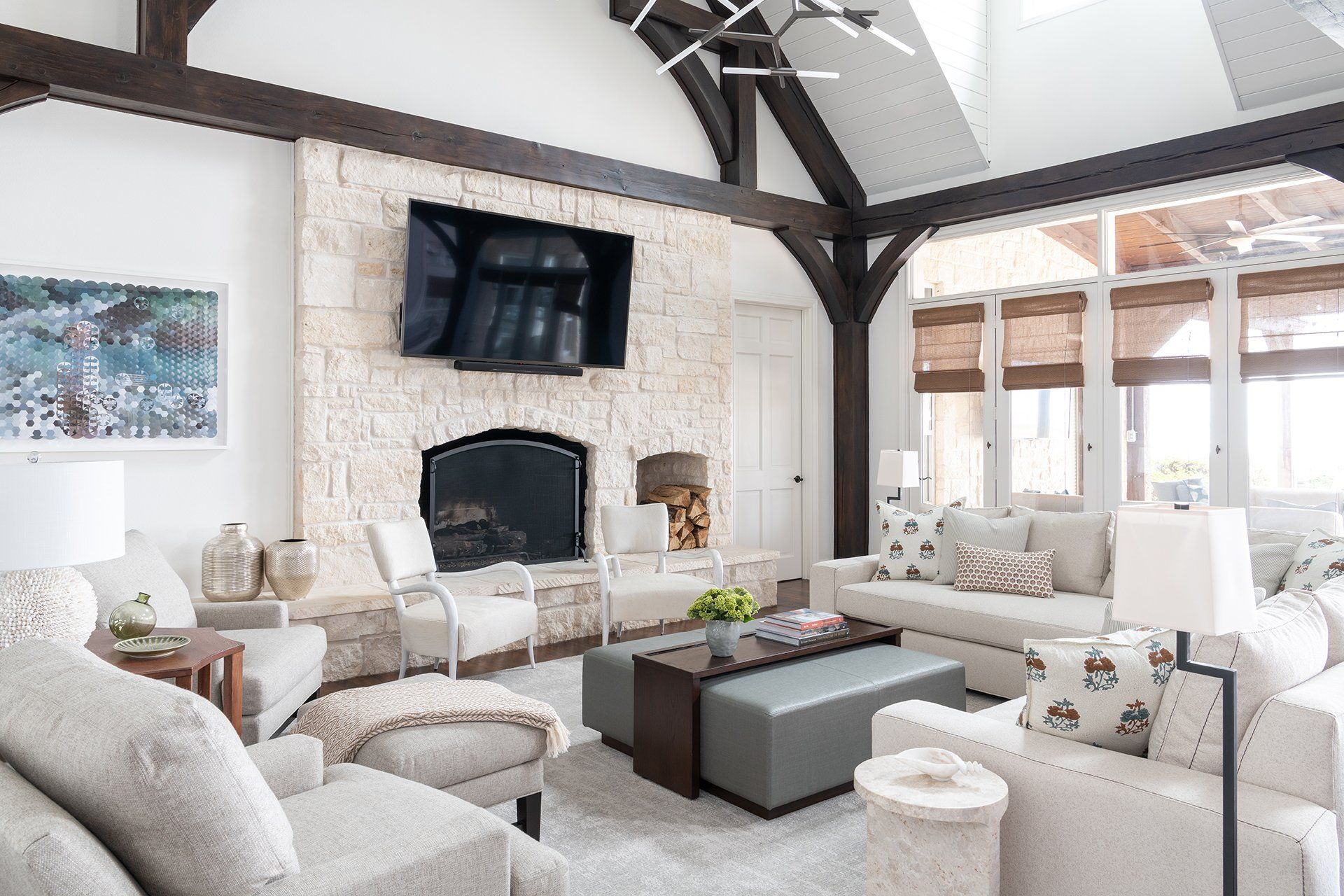A living room filled with furniture and a fireplace.
