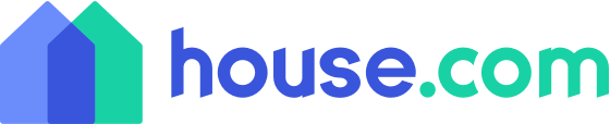 The logo for house.com with three overlapping house icons in blue and teal. Text is navy and teal.