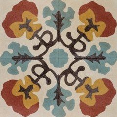 una piastrella di color bianco, arancione, azzurro e giallo con i disegni a fiori