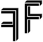 Zwei stilisierte, dreidimensionale schwarze „F“-Buchstabenformen, eine davon gespiegelt.