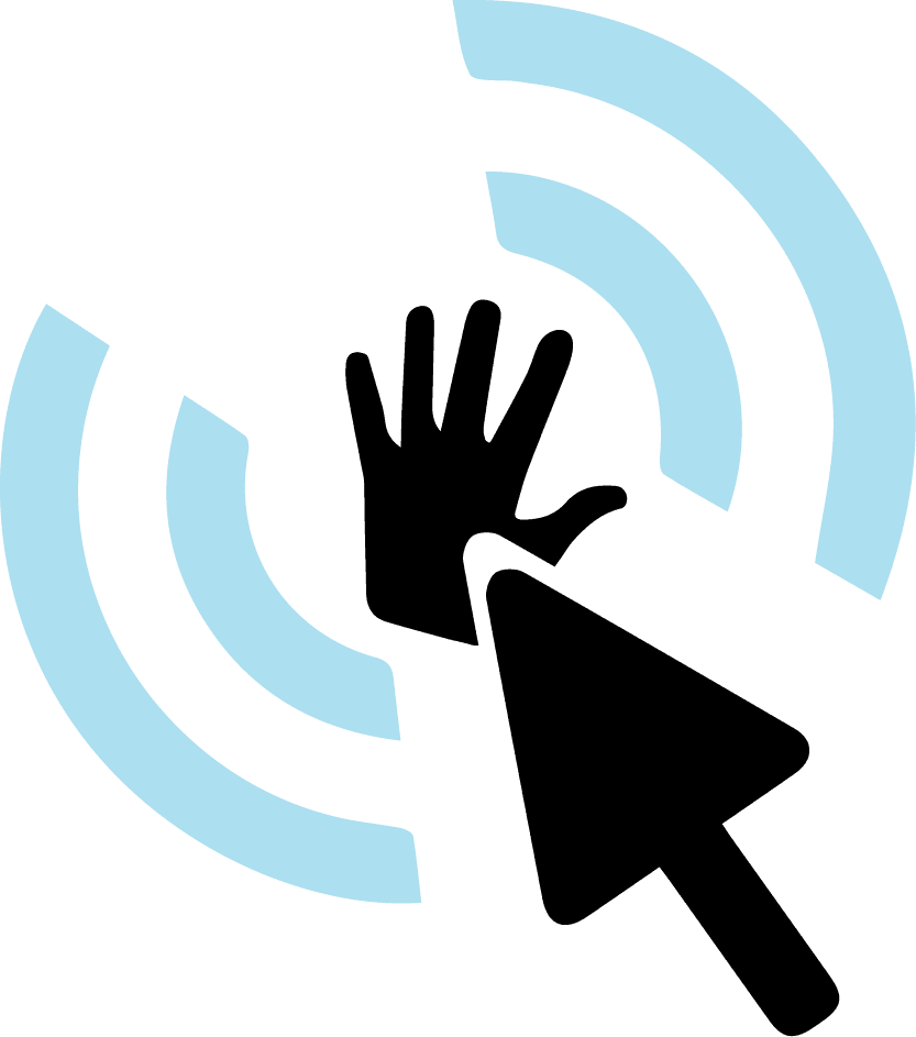 A black computer cursor arrow pointing at a black hand silhouette surrounded by light blue curved signal waves.