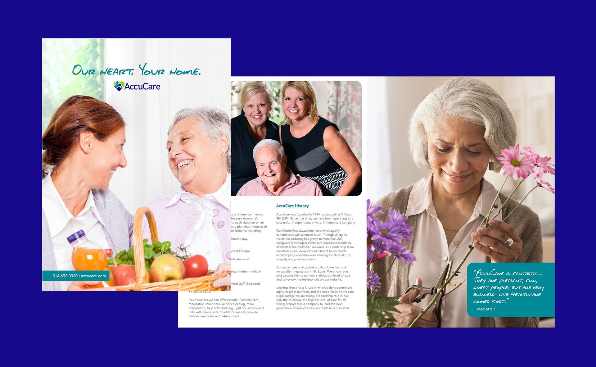 A woman is holding a flower in front of an elderly woman.