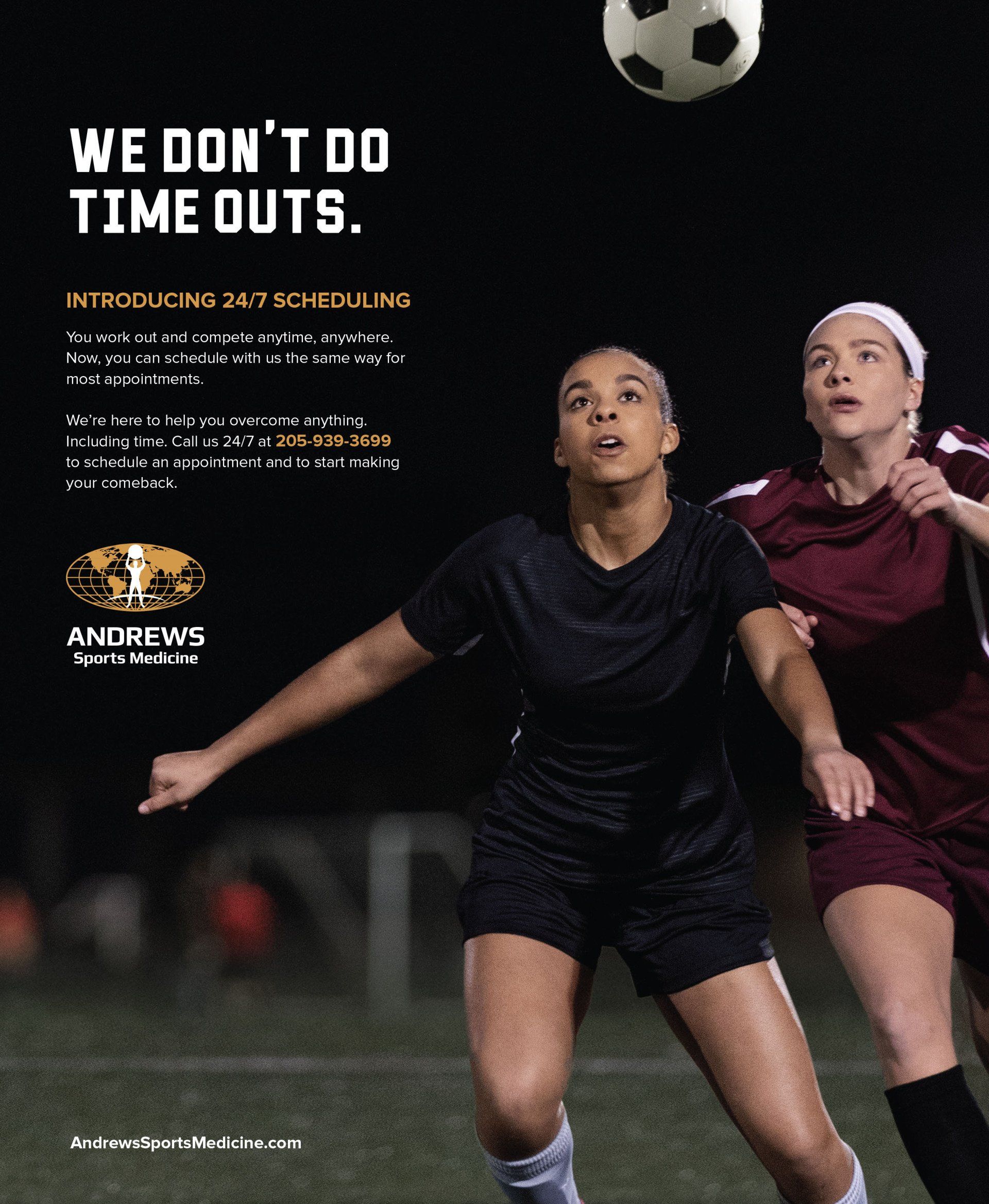Two female soccer players on a field with the words we do n't do time outs
