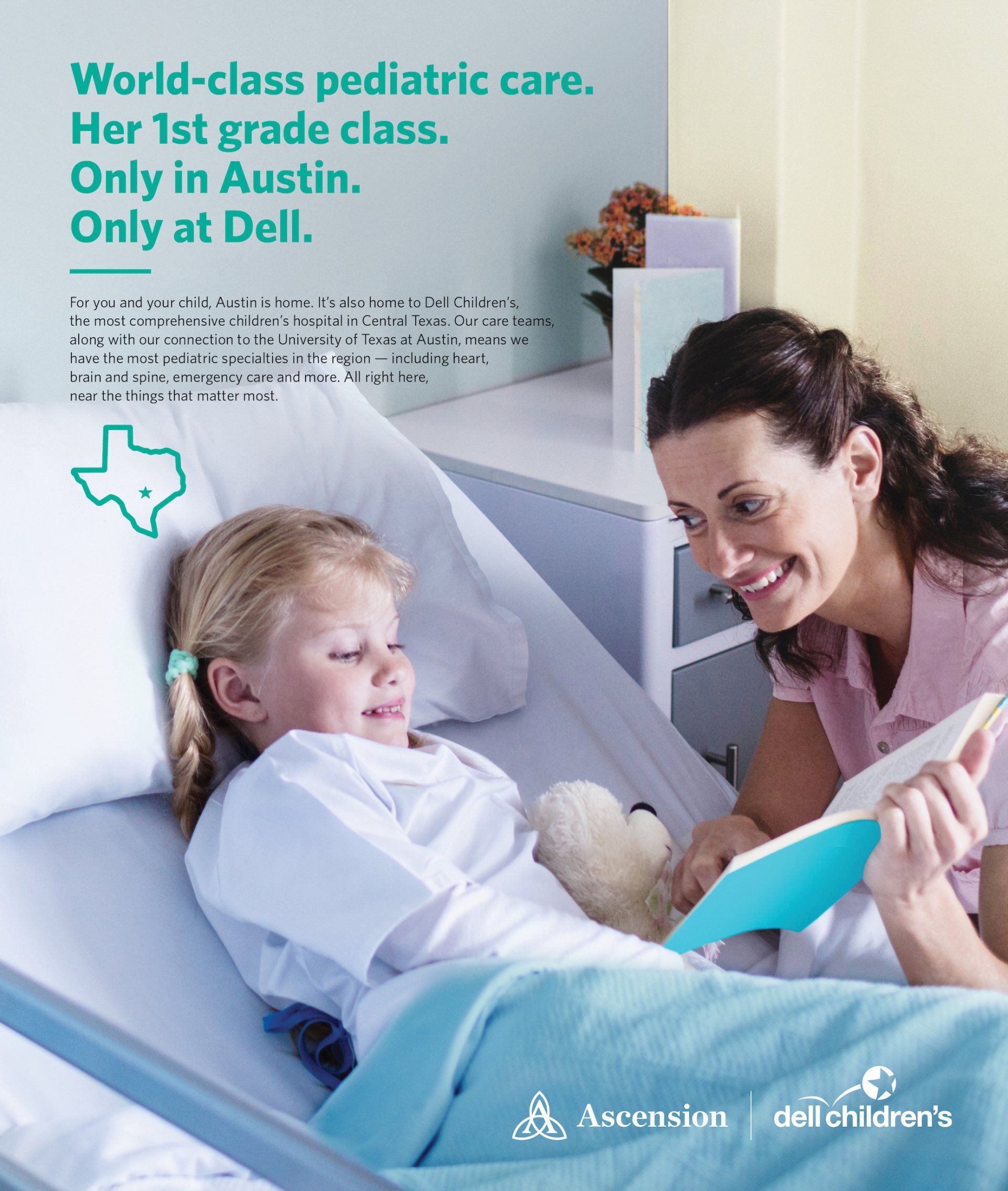 A woman is reading a book to a little girl in a hospital bed