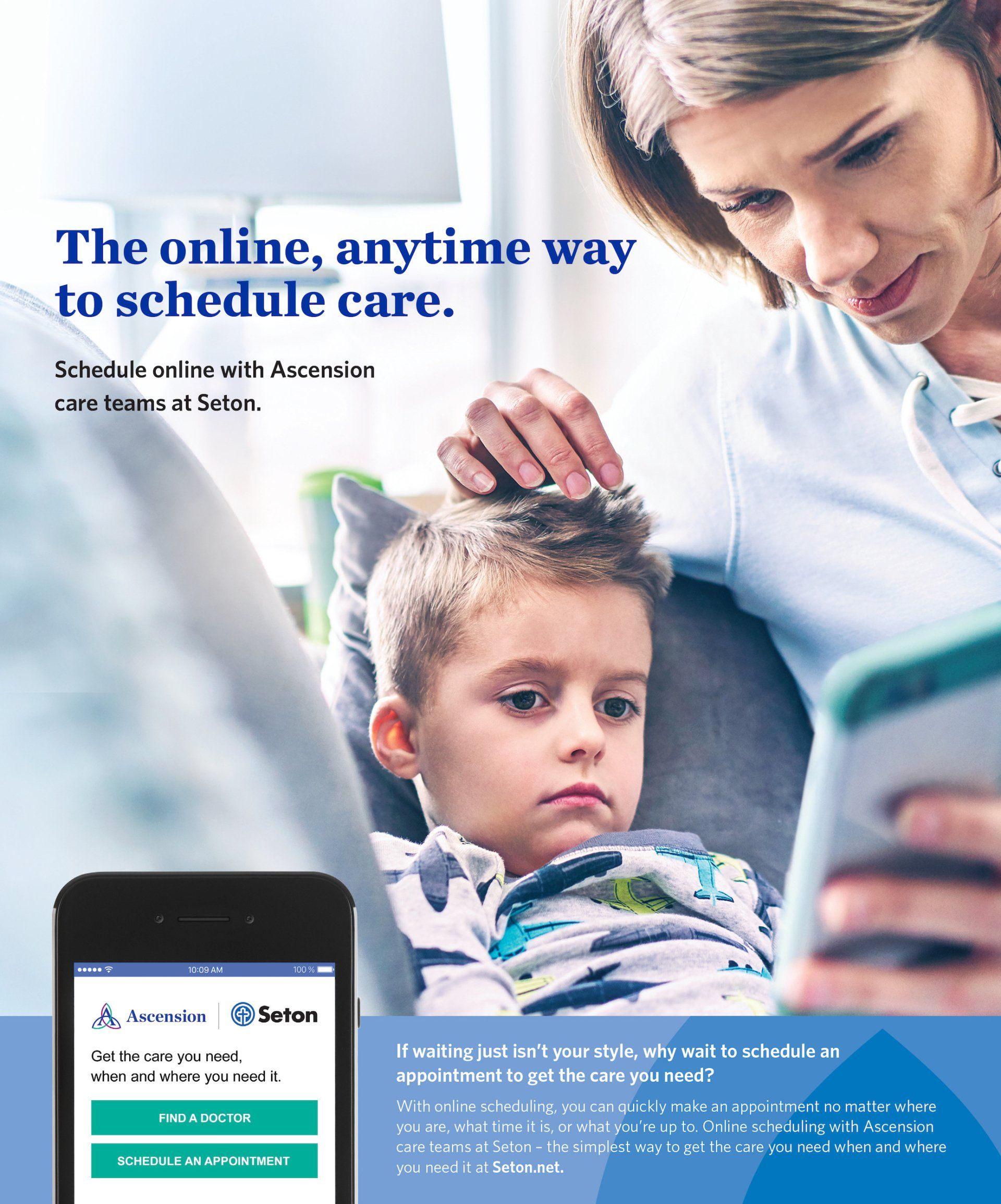 A woman is putting a thermometer in a child 's head while looking at a cell phone.