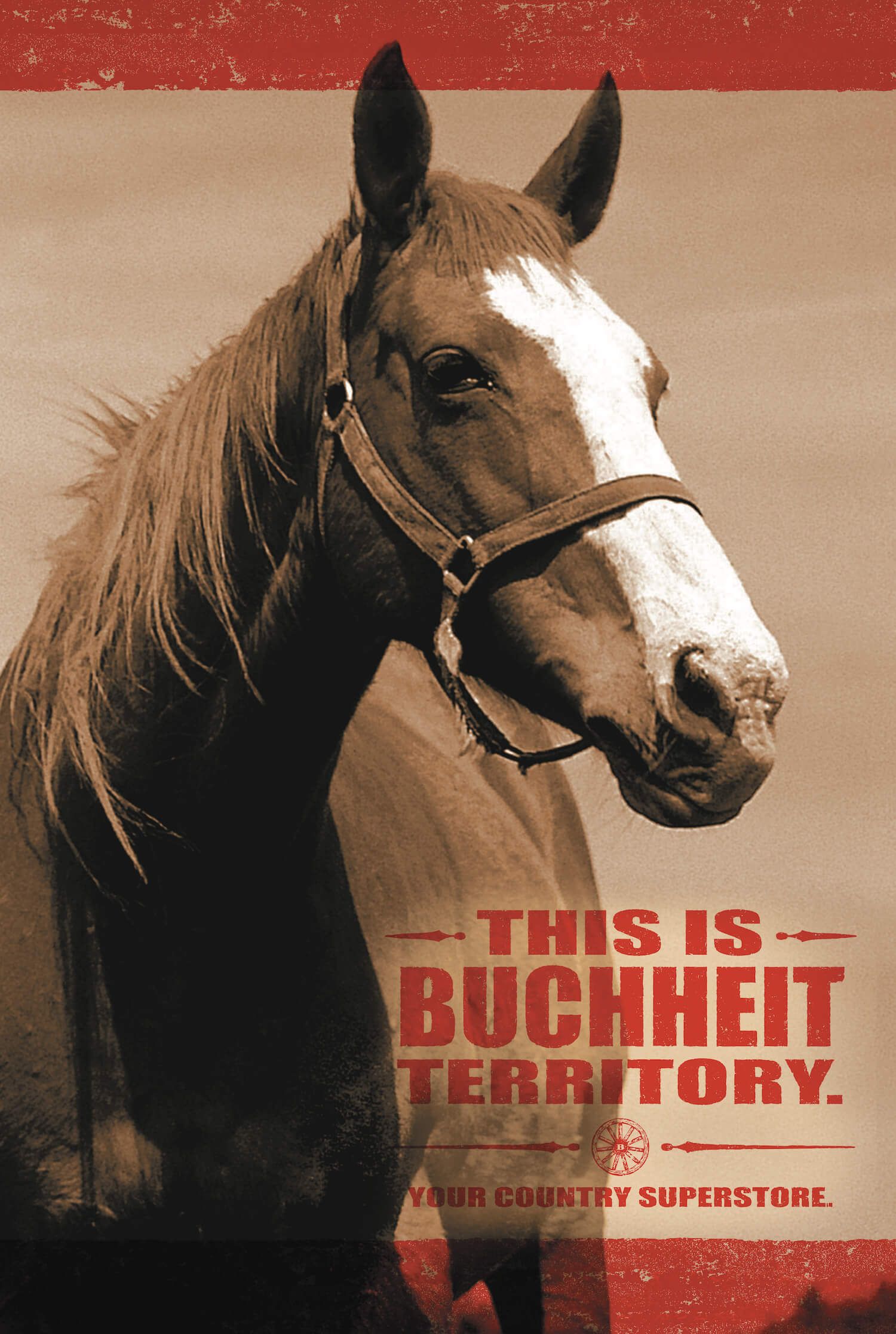 A horse is on a poster that says this is buchheit territory