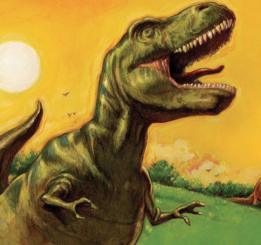 A painting of a dinosaur with its mouth open