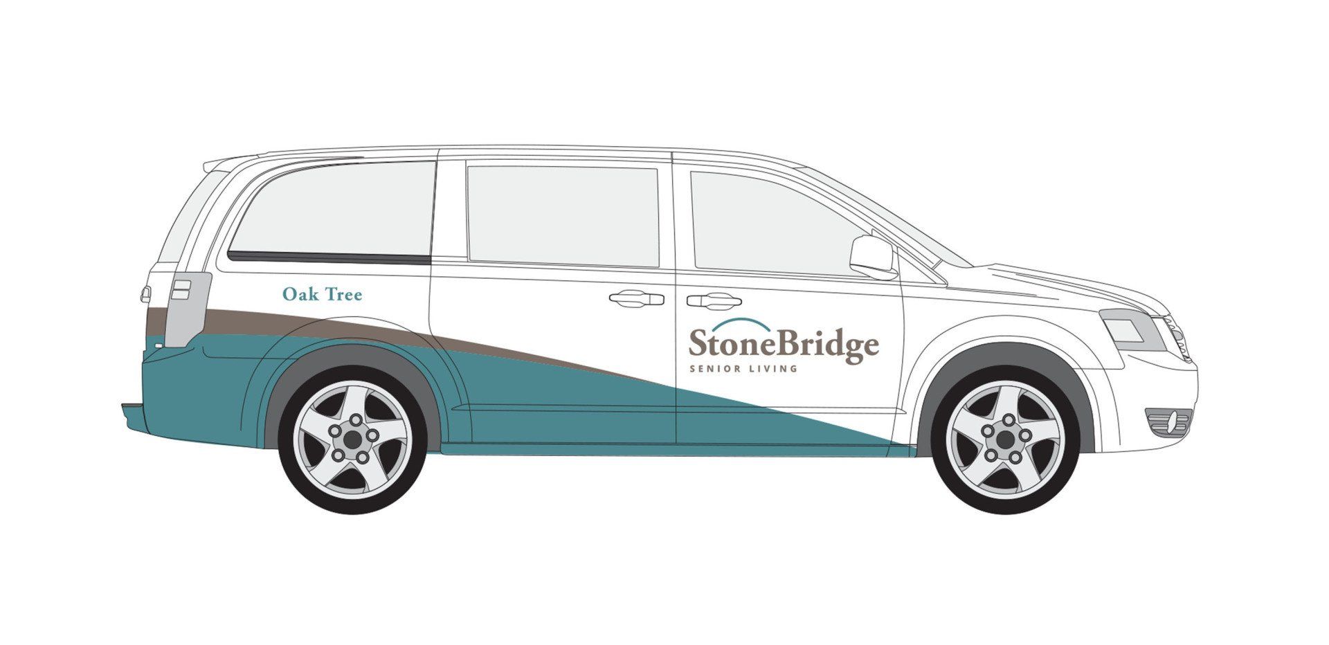 A black and white drawing of a minivan with a logo on the side.