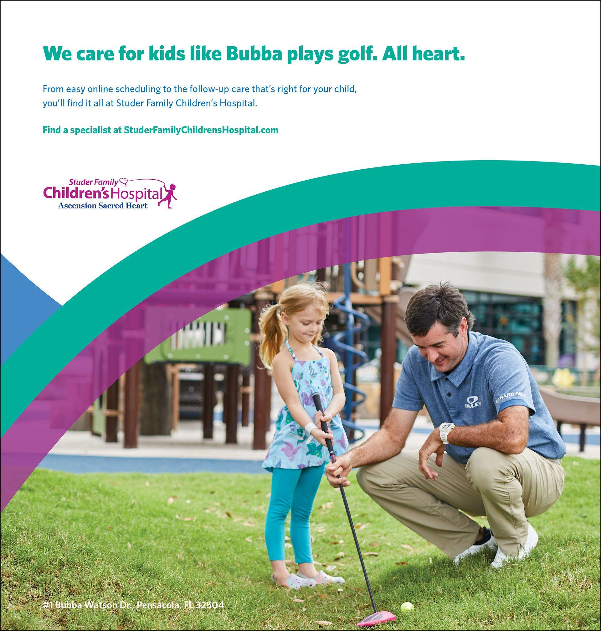 A man is kneeling down next to a little girl holding a golf club.