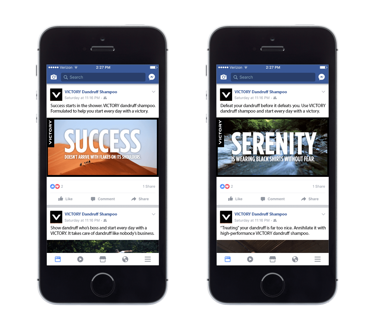 Two cell phones are displaying a facebook page that says success and serenity.