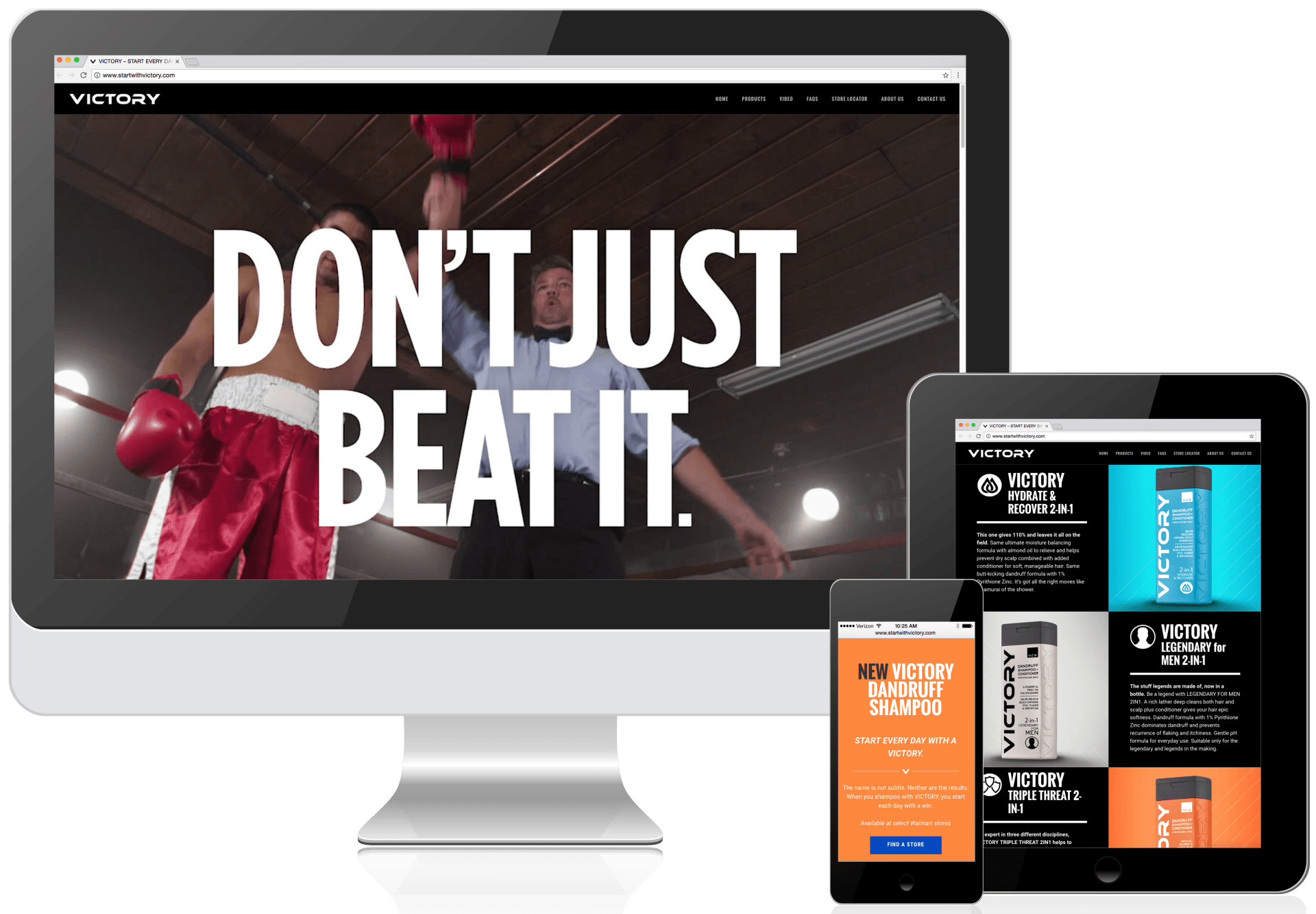Computer, tablet and mobile phone showing the website for Victory Shampoo.