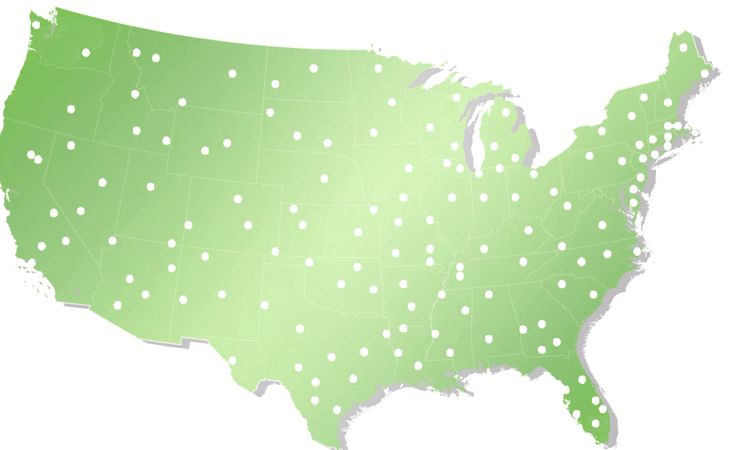 A green map of the united states with white dots on it.