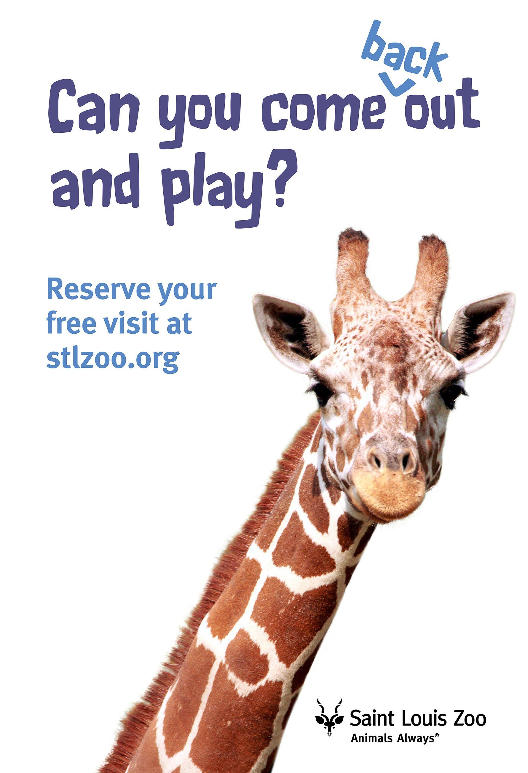 A giraffe is on a poster that says can you come out and play