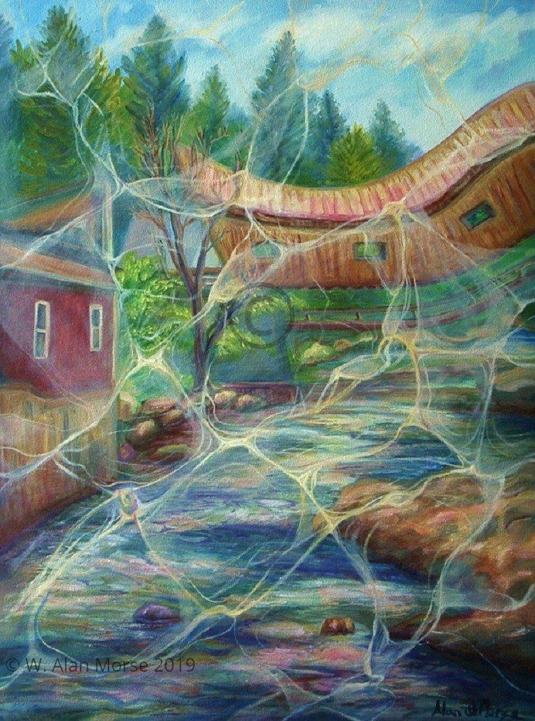 Johnson Vermont abstract and surreal oil painting of Johnson Vermont covered bridge by fine artist W. Alan Morse