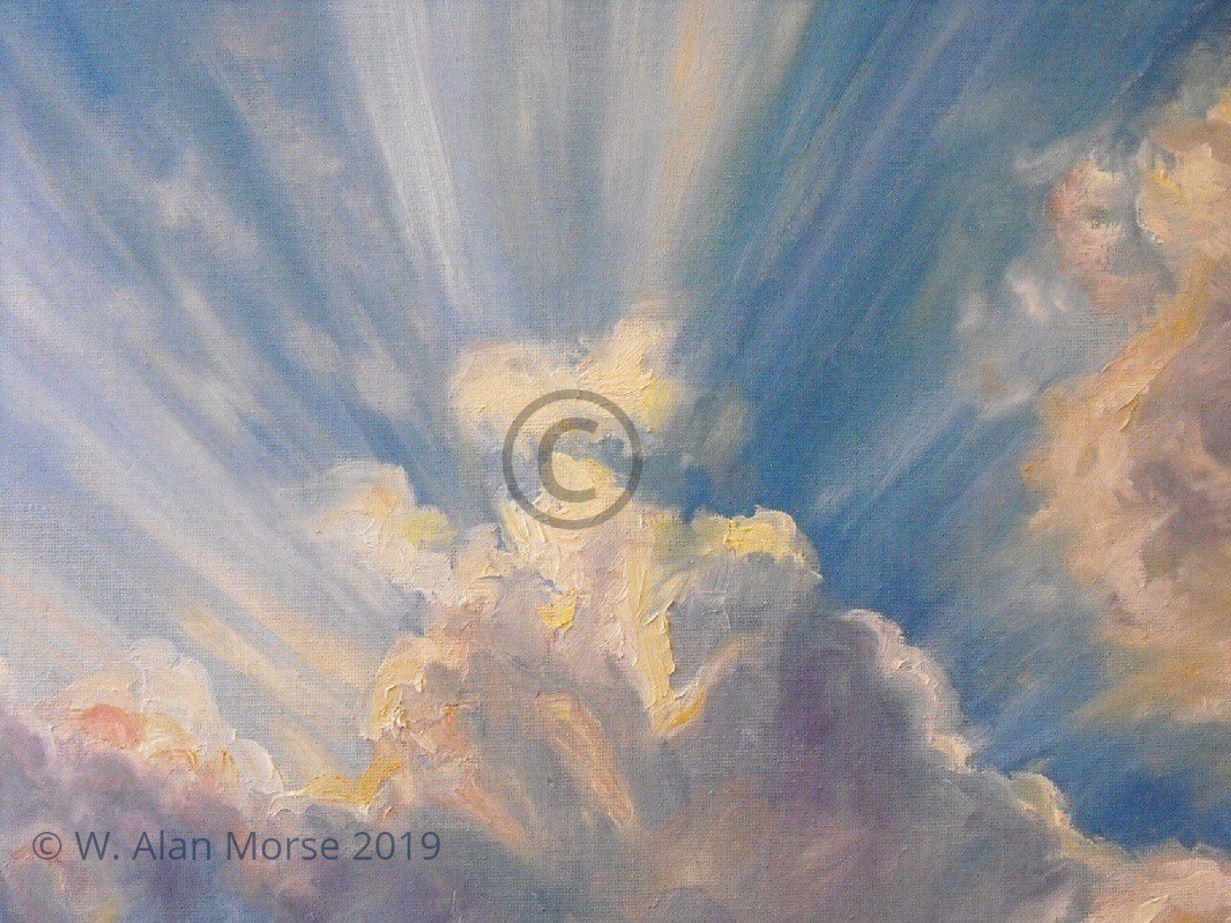 Realism impressionism style oil painting of beams of light in a sky scene, skyscape by Wayne Alan Morse