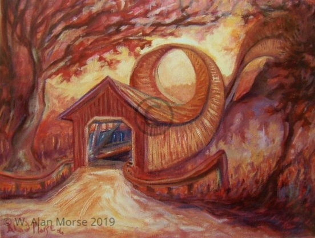 Monochromatic linear dreamy oil painting of a Vermont covered twisted bridge by Vermont artist W. Alan Morse.