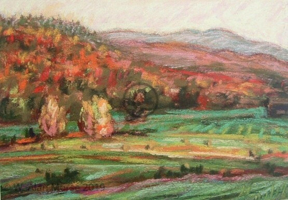 Pastel landscape painting of autumn pastoral view