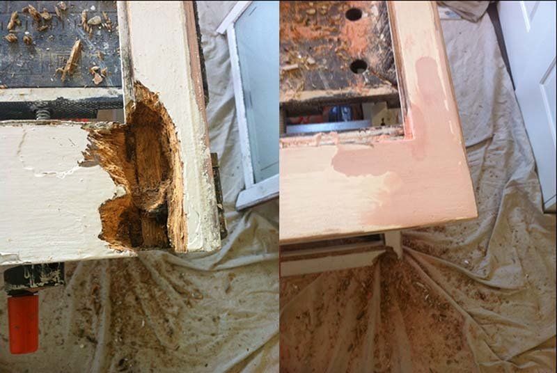 broken window restoration and repair of hole and rotting wood