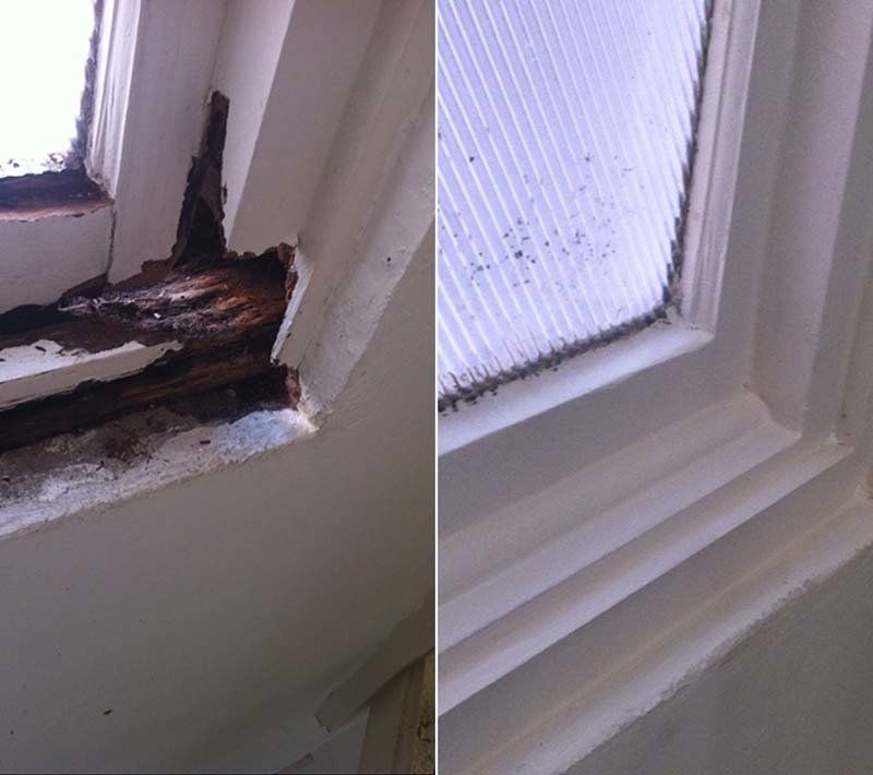 before and after window restoration and repair white window corner