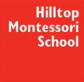 Hilltop Montessori School white text on a red background