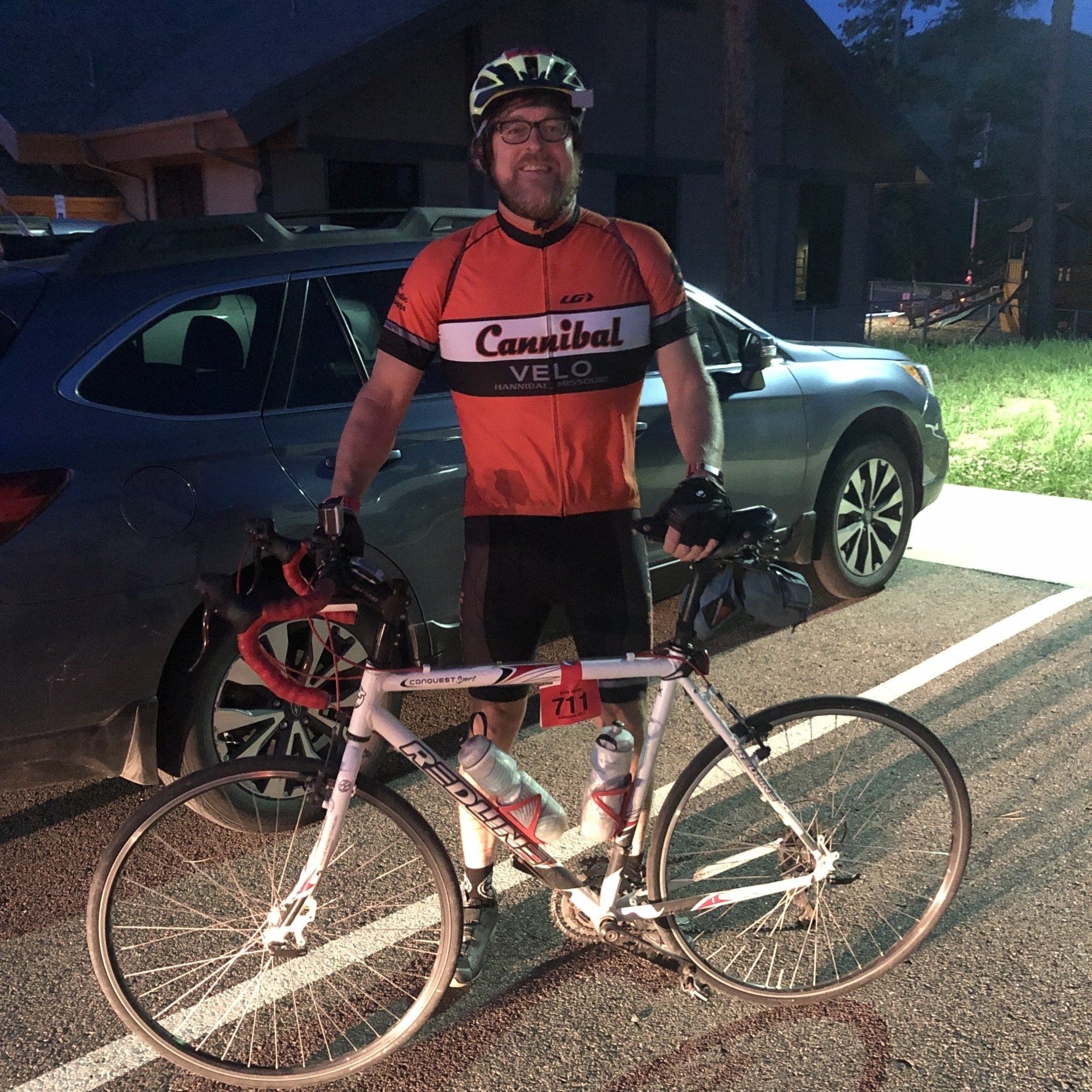 Dick Rees and bicycle before starting Triple Bypass bicycle ride.