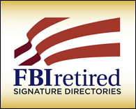 Logo for FBI Retired Signature Directories, featuring waving red and white stripes with blue text.