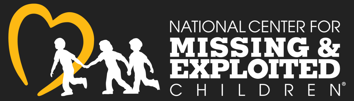 Logo of the National Center for Missing and Exploited Children: running children, yellow heart, black background.