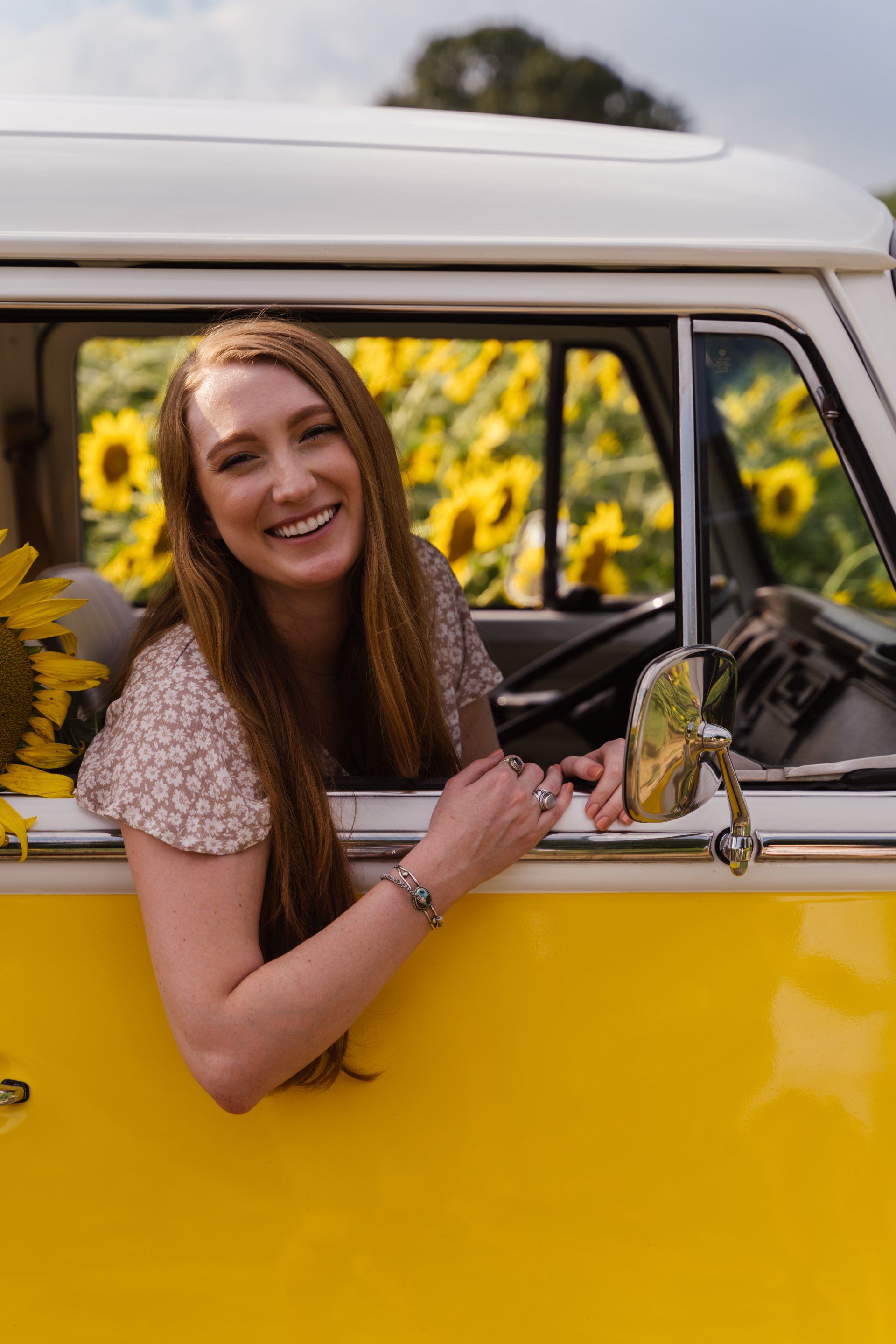 VW bus photo shoot in sunflower field