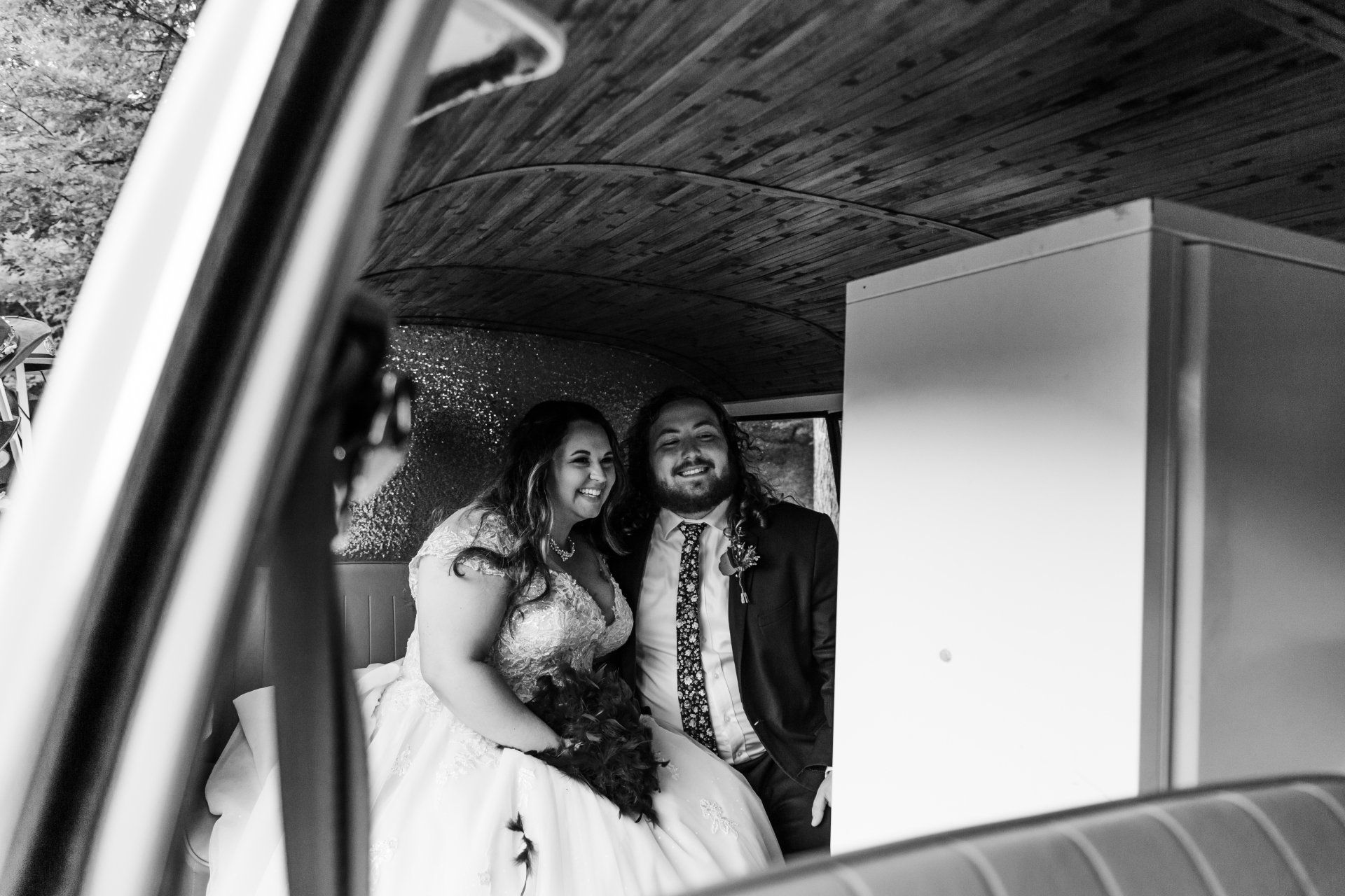 bride and groom inside a vw photo booth bus in Chattanooga, TN