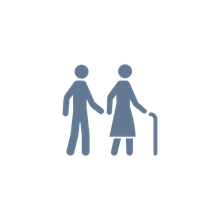 Two stick figures: one assisting the other who uses a cane.