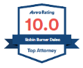 Avvo Rating 10.0 badge with a blue and white shield, displaying