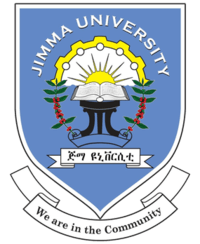 Jimma University logo with an open book, sun, laurel branches, and banner reading “We are in the Community”