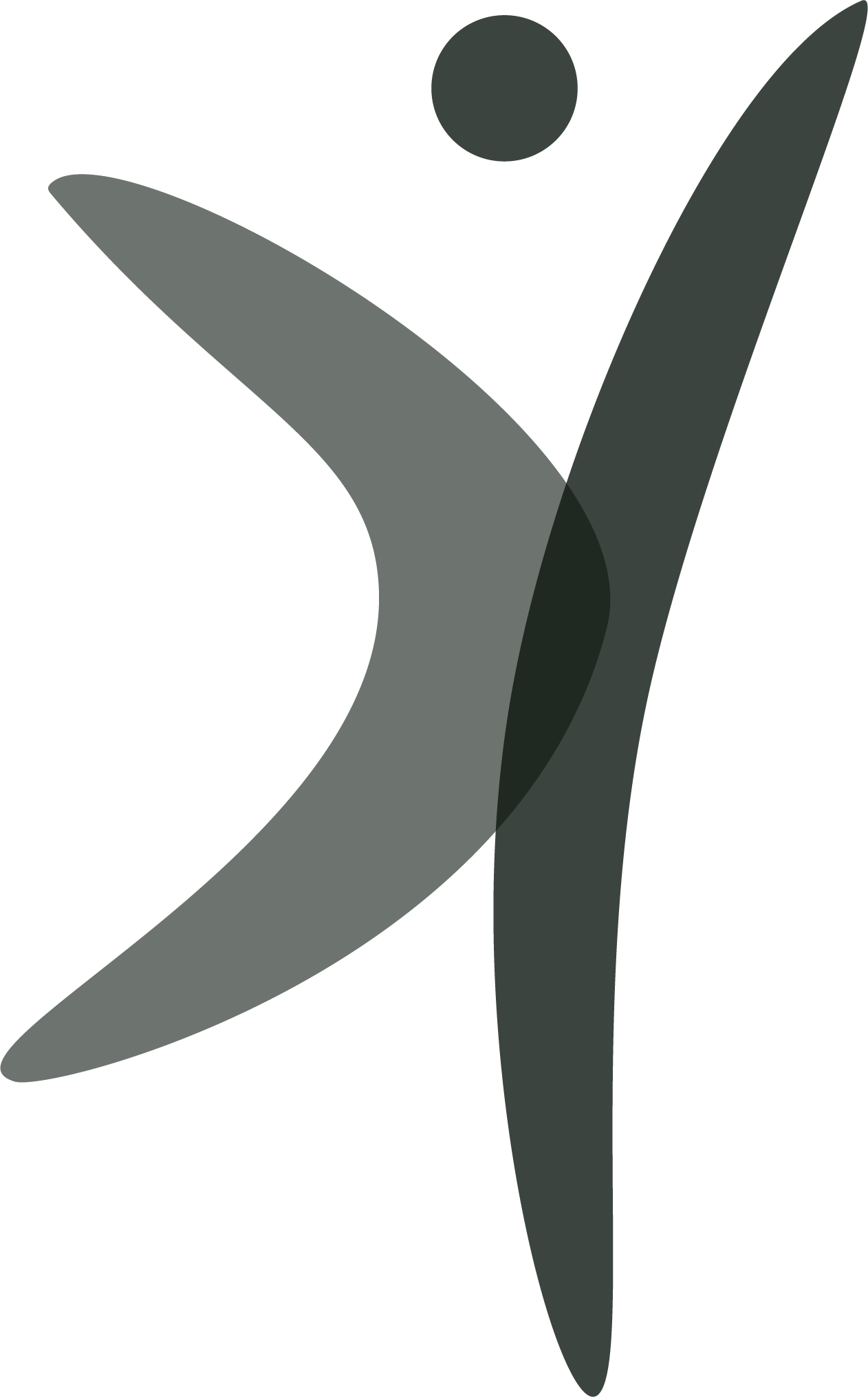 Stylized gray and dark green abstract human figure logo with a circular head