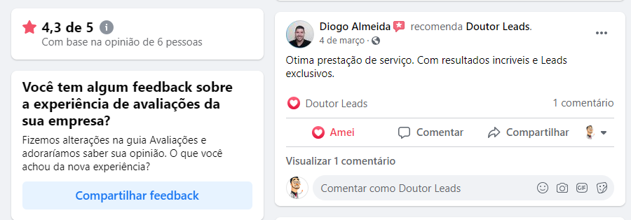 Imagem de um relato positivo da doutorleads, falando da ótima prestação de serviço e a nota de 4,3 de 5