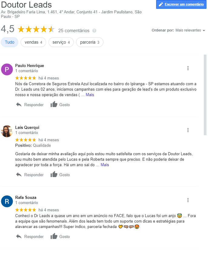 Imagem de comentários positivos no Google meu Negócio todos 5 estrelas