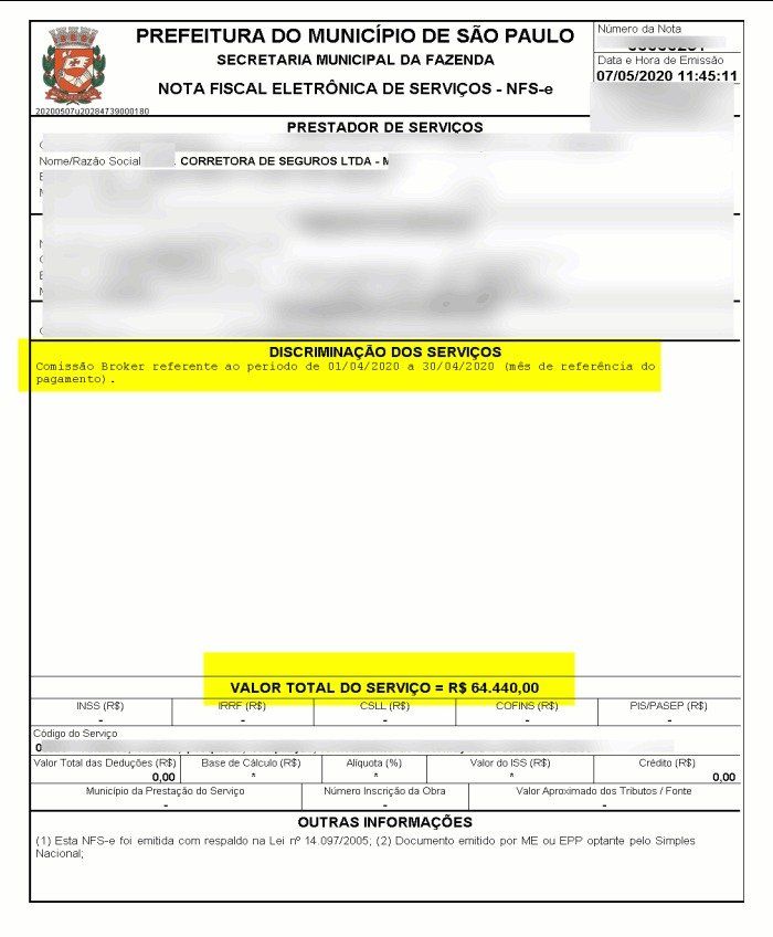 Imagem de uma nota fiscal de pagamento no valor de R$64mi como prova de faturamento utilizando os leads da DoutorLeads