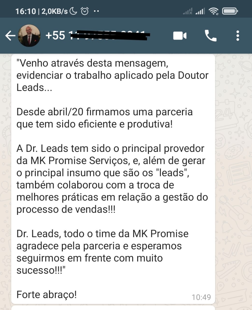 imagem de uma avaliação enviada pelo WhatsApp