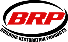 The logo for brp building restoration products is red and black.