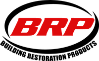 The logo for brp building restoration products is red and black.