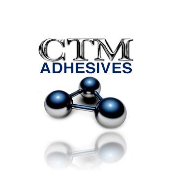 A logo for ctm adhesives with a picture of a molecule